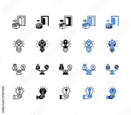 Entry, Innovation, Scale, Opportunities multiple style icon set.