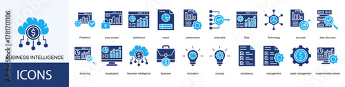 Business Intelligence icon collection set. Containing dashboard, report, performance, actionable, Data, Technology icon