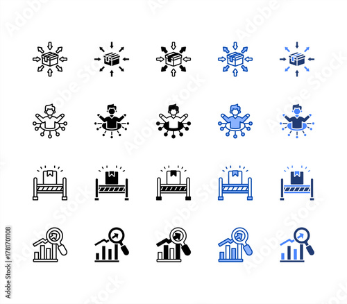 Differentiation, Influence, Barriers, Trends multiple style icon set.