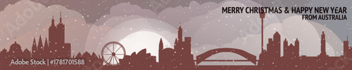 Greetings from Australia. Christmas, winter banner with cities panorama. Festive skylines of Sydney, Melbourne, Brisbane, Canberra, Adelaide for web design, header, social media, backdrop