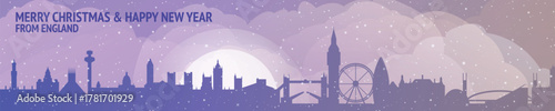 Greetings from England. Christmas, winter banner with cities panorama. Festive skylines of London, Leeds, Birmingham, Machester, Liverpool for web design, header, social media, backdrop