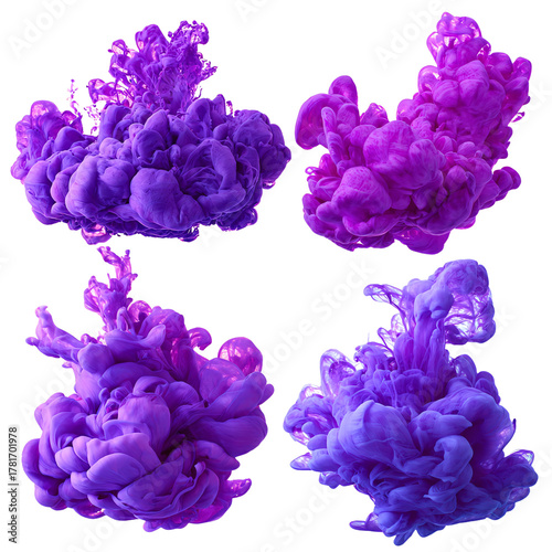 Four vivid bright violet ink clouds under water isolated on white background. colorful splash