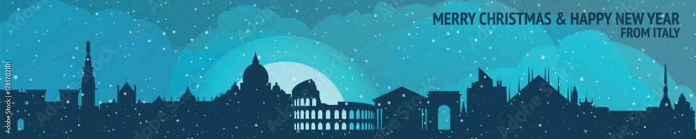 Fototapeta premium Greetings from Italy. Christmas, winter banner with cities panorama. Festive skylines of Rome, Milan, Turin, Naples for web design, header, social media, backdrop