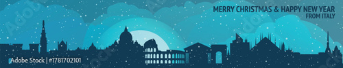 Greetings from Italy. Christmas, winter banner with cities panorama. Festive skylines of Rome, Milan, Turin, Naples for web design, header, social media, backdrop