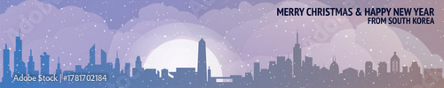 Greetings from South Korea. Christmas, winter banner with cities panorama. Festive skylines of Seoul, Busan, Incheon, Daegu for web design, header, social media, backdrop