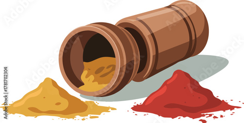 Spilled wooden spice container with piles of red and yellow powder for cooking ingredient isolated vector illustration
