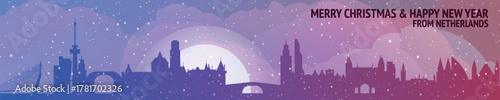 Greetings from Netherlands. Christmas, winter banner with cities panorama. Festive skylines of Amsterdam, Rotterdam, The Hague, Utrecht for web design, header, social media, backdrop