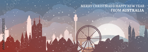 Greetings from Australia. Christmas, winter banner with cities panorama. Festive skylines of Sydney, Melbourne, Brisbane, Canberra, Adelaide for web design, header, social media, backdrop