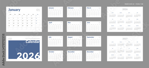 2026 Calendar Planner Set of Template grid Monthly Page, Cover with Place for Photo, Company Logo, Annual 2026, 2027. Vector layout of wall or desk organizer ready print. Week start Monday. Pages A4