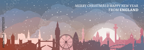 Greetings from England. Christmas, winter banner with cities panorama. Festive skylines of London, Leeds, Birmingham, Machester, Liverpool for web design, header, social media, backdrop