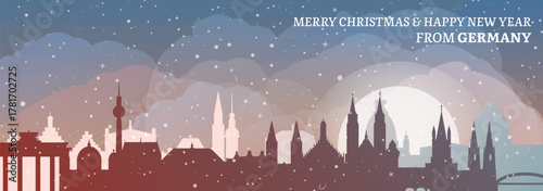 Greetings from Germany. Christmas, winter banner with cities panorama. Festive skylines of Berlin, Munich, Hamburg, Cologne, Bremen for web design, header, social media, backdrop