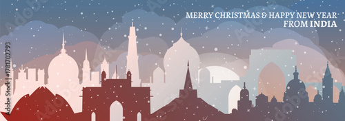 Greetings from India. Christmas, winter banner with cities panorama. Festive skylines of Delhi, Mumbai, Hyderabad, Bangalore for web design, header, social media, backdrop