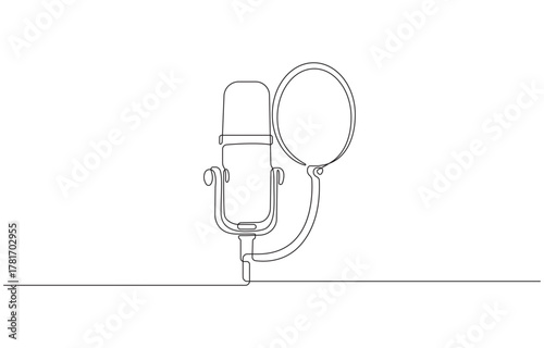 Continuous one line drawing technology object, sound recording equipment concept, professional studio microphone with pop filter, modern Single line art design graphic vector illustration.