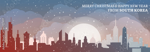 Greetings from South Korea. Christmas, winter banner with cities panorama. Festive skylines of Seoul, Busan, Incheon, Daegu for web design, header, social media, backdrop