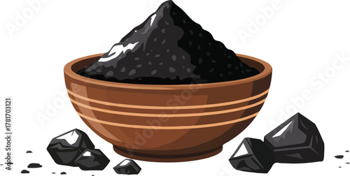 Black salt or kala namak crystals with ground powder in a bowl for indian cooking isolated vector illustration