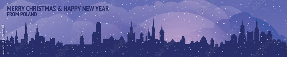 Naklejka premium Greetings from Poland. Christmas, winter banner with cities panorama. Festive skylines of Warsaw, Krakow, Lodz, Wroclaw for web design, header, social media, backdrop