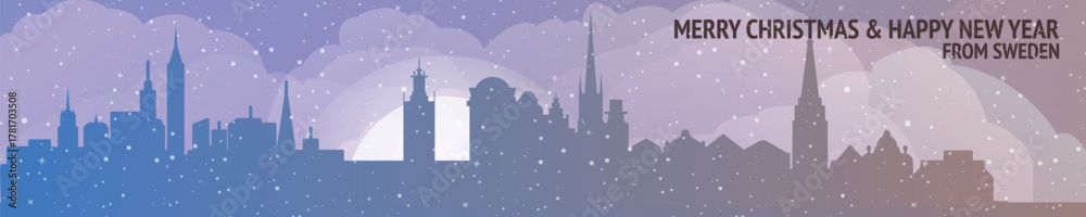 Naklejka premium Greetings from Sweden. Christmas, winter banner with cities panorama. Festive skylines of Stockholm, Gothenburg and Malmo for web design, header, social media, backdrop