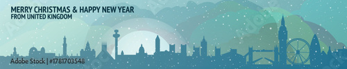 Greetings from UK, United Kingdom. Christmas, winter banner with panoramas. Festive skylines of England, Wales, Scotland cities for web design, header, social media, backdrop