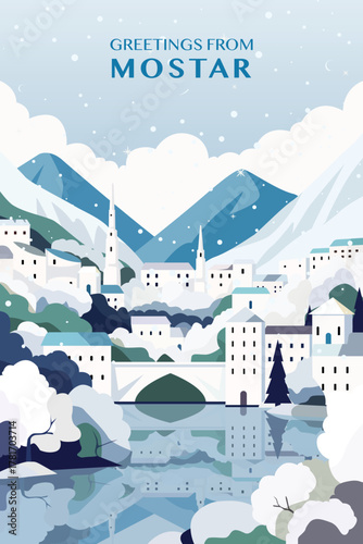 Christmas Mostar retro poster for winter holidays, New Year. Greetings from Bosnia and Herzegovina city vector postcard, festive illustration