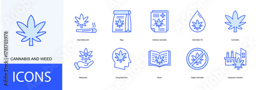 Cannabis and weed icon collection set. Containing Cannabis joint, Bag, medical cannabis, Cannabis Oil, Cannabis icon