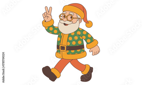 Cartoon santa claus illustration walking with peace sign wearing festive polka dot outfit 
