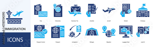 immigration icon collection set. Containing Visa, Citizenship, Business Trip, checklist, aircraft, Denied, Embassy icon