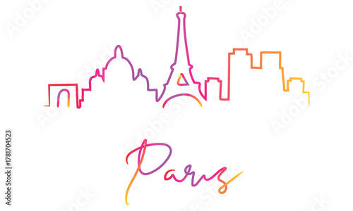 Paris skyline silhouette with colorful gradient design and elegant script text for travel and city themes