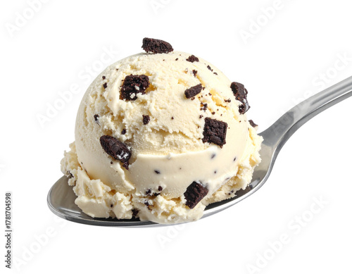 Close-Up of Vanilla Ice Cream with Chocolate Cookie Pieces on Spoon, Front View, Isolated on Transparent Background