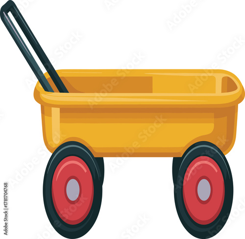 Side View of Yellow Plastic Toy Wagon with Red Wheels Vector