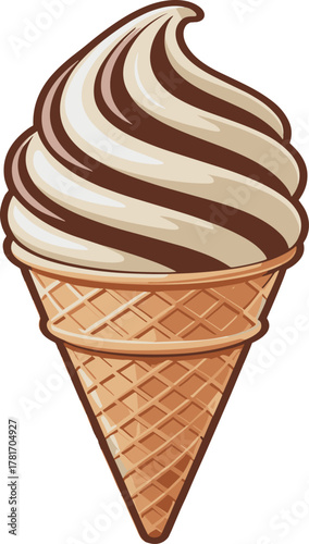 Vanilla and Chocolate Swirl Soft Serve Ice Cream Cone Vector Illustration