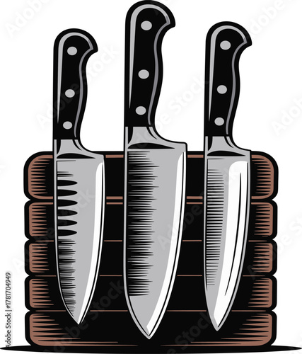 Vintage Style Chef Knife Set in Wooden Block Vector Illustration
