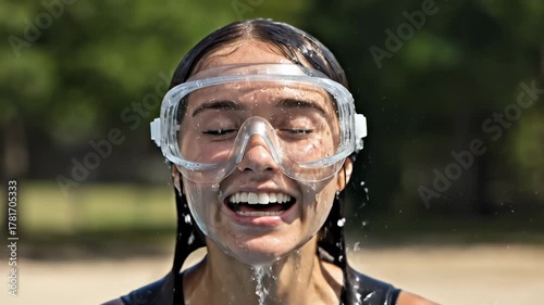 Young Woman Gets Splashed with Water While Wearing Goggles.