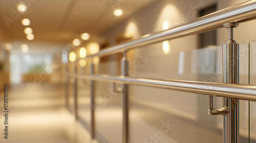 Close-up of stainless-steel handrail in modern indoor building corridor