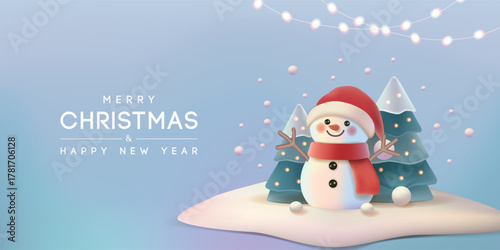 Merry Christmas Banner with Snowman and  Tree. Vector illustration.