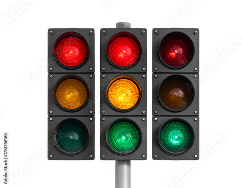  Front View of Traffic Signal Light with Red, Yellow, and Green Lights, Urban Road Safety Concept, Isolated on Transparent Background