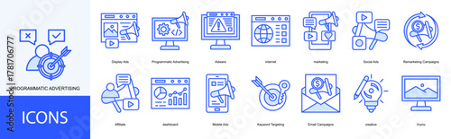 programmatic advertising icon collection set. Containing Adware, internet, marketing, Social Ads, Remarketing Campaigns, Affiliate icon