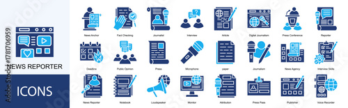 news reporter icon collection set. Containing News Anchor, Fact Checking, Journalist, Interview, Article, Digital Journalism icon