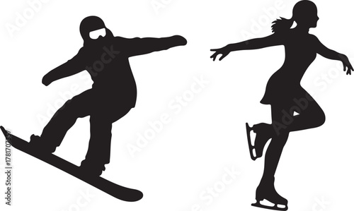 Dynamic Winter Sports Silhouettes: Skier, Snowboarder, and Ice Skater

Extreme Winter Performance: Action Poses in Black and White

Athlete Trio: Skiing, Snowboarding, and Figure Skating Action