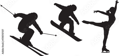 Dynamic Winter Sports Silhouettes: Skier, Snowboarder, and Ice Skater

Extreme Winter Performance: Action Poses in Black and White

Athlete Trio: Skiing, Snowboarding, and Figure Skating Action