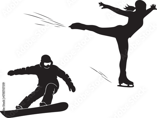 Dynamic Winter Sports Silhouettes: Skier, Snowboarder, and Ice Skater

Extreme Winter Performance: Action Poses in Black and White

Athlete Trio: Skiing, Snowboarding, and Figure Skating Action
