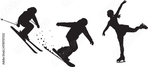 Dynamic Winter Sports Silhouettes: Skier, Snowboarder, and Ice Skater

Extreme Winter Performance: Action Poses in Black and White

Athlete Trio: Skiing, Snowboarding, and Figure Skating Action