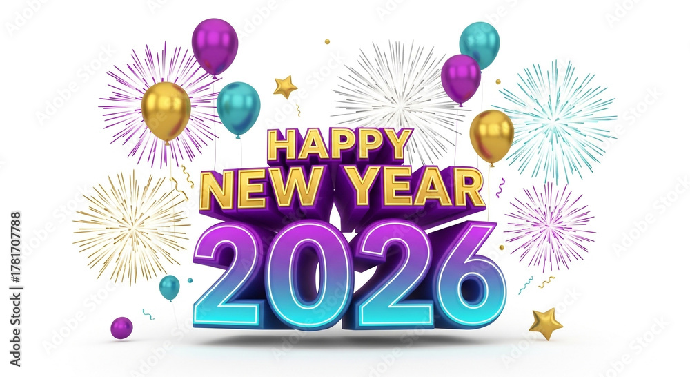 Obraz premium Happy New Year 2026 Banner with Gold, Silver, and Blue BalloonsLuxury Holiday Greeting Card with Confetti and Ribbons2026 Celebration with Metallic Balloons and Festive Typography