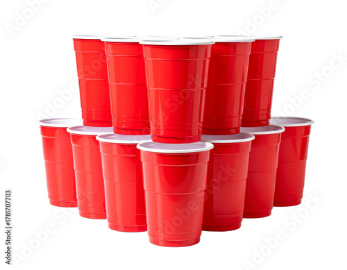  Red Solo Cups Pyramid Stack for Beer Pong Game, Front View, Isolated on Transparent Background