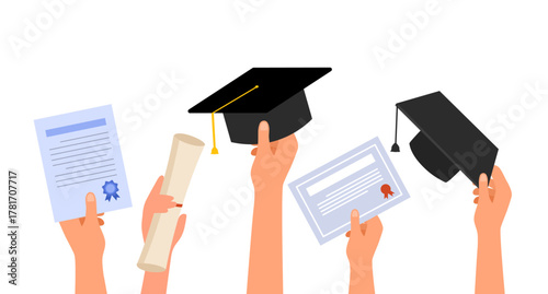 Set of hands holding diplomas, mortarboard hats and certificates, graduation celebration in flat design. Happy students celebrating graduate from college, university