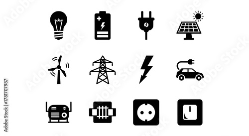 Renewable energy icons isolated on white background for sustainable power and environment