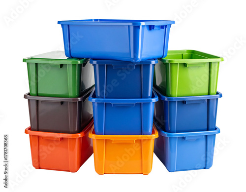 Stacked Colorful Plastic Storage Bins, Front View, Home and Office Organization, Isolated on Transparent Background