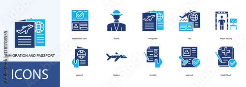 immigration and passport icon collection set. Containing Identification Card, Tourist, Immigration, visa, Airport Security, passport icon