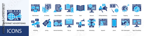 Internet Advertising icon collection set. Containing Web Browser, Ab Testing, Word Of Mouth, Cross Platform, book, discount icon