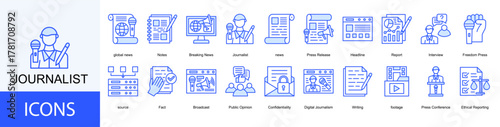 Journalist icon collection set. Containing global news, Notes, Breaking News, news, Press Release, Headline, Report, Interview icon