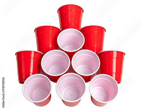Top-Down Flat Lay of Beer Pong Red Cups Pyramid, Tournament Setup Style, Isolated on Transparent Background